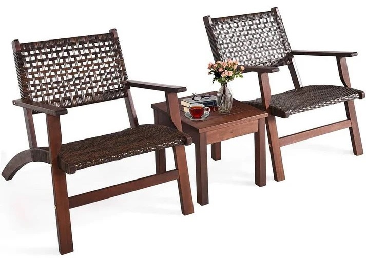 Solid Wood and Rattan 3-Piece Outdoor Patio Furniture Table Chairs Set
